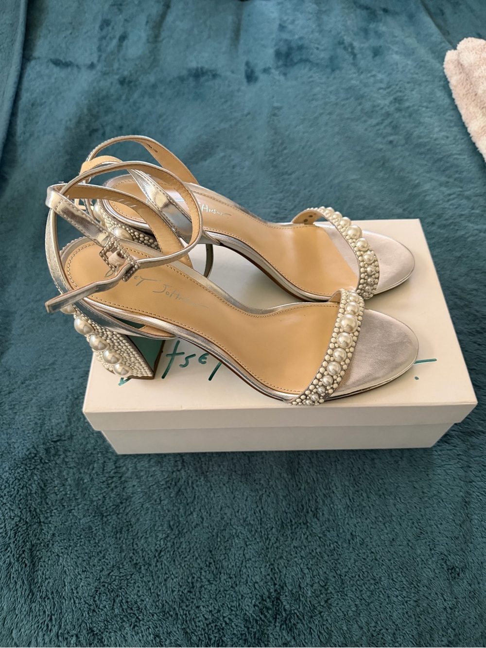 Betsey Johnson Silver Pearl-Embellished Ankle-Strap Block Heels